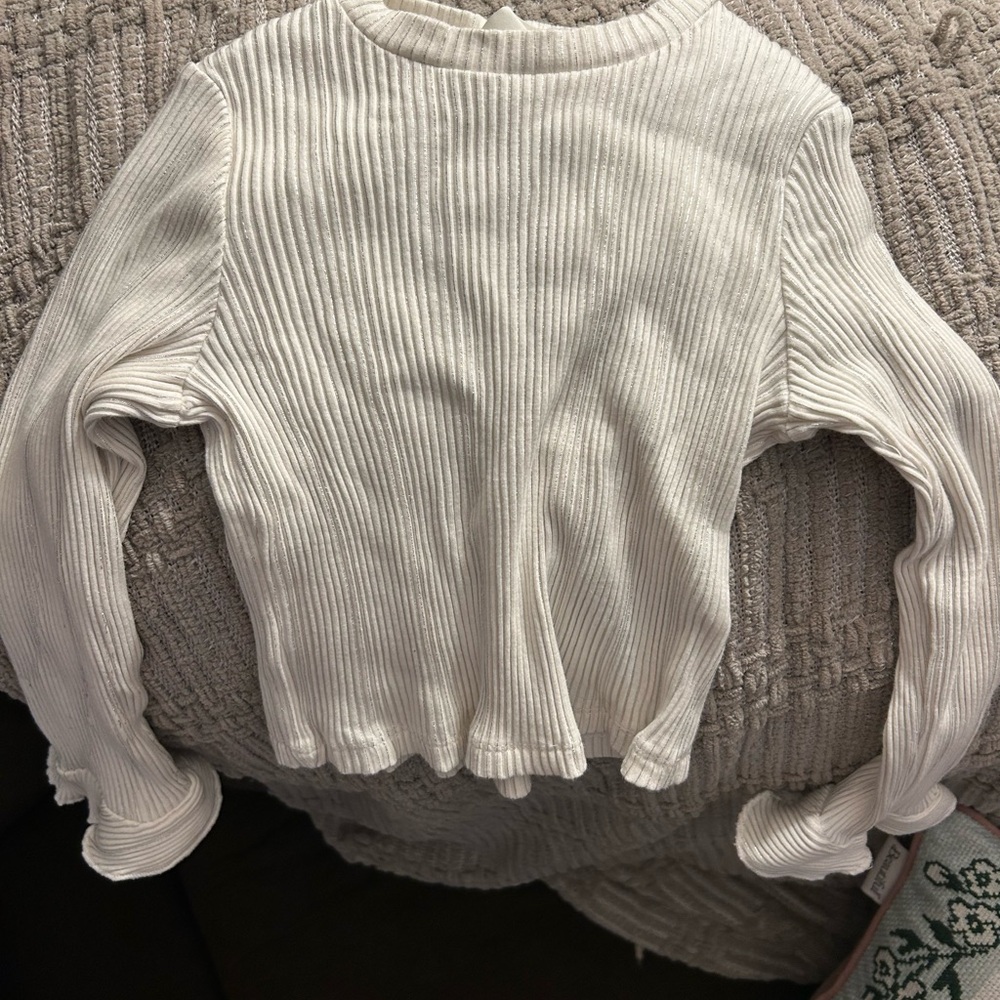 H&M Cream Glittery Ribbed Top with Flare Ruffle Sleeves